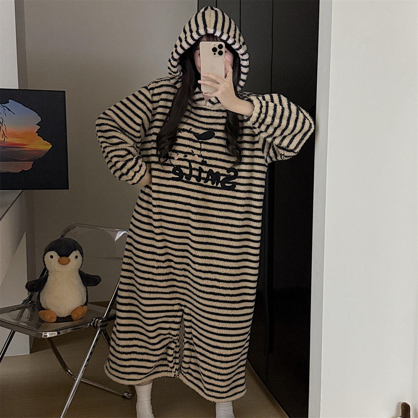 半边绒连体睡衣女冬季条纹小狗