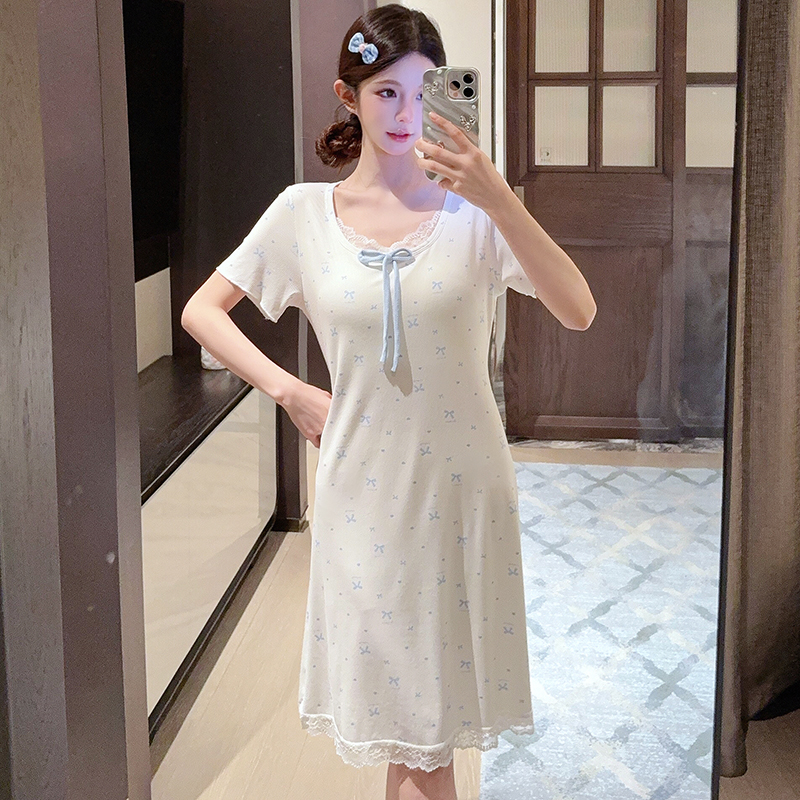 短袖睡衣女夏季莫代尔甜美可外穿蝴蝶结带胸垫中长款睡衣裙家居服