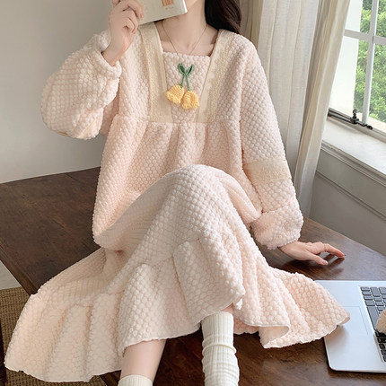 珊瑚绒睡裙女秋冬季长款加厚加绒法兰绒公主风睡衣冬天孕妇家居服