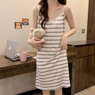 高级感条纹睡裙女夏季 吊带睡衣 莫代尔带胸垫胖mm加大码 宽松中长款