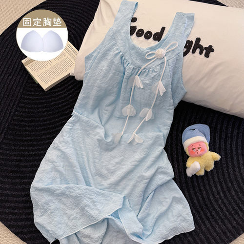 带胸垫吊带睡裙女公主风蓝色花朵