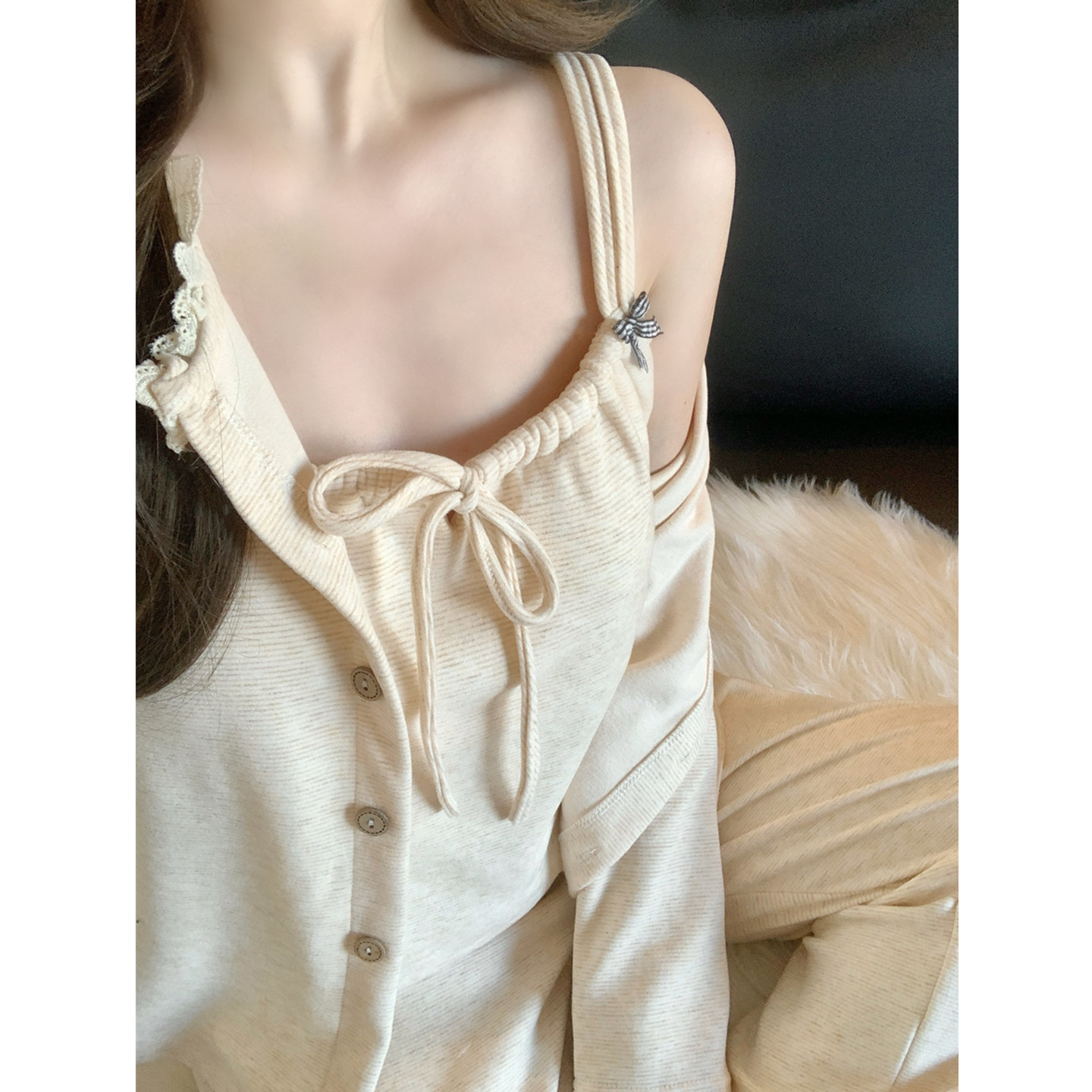 睡衣女秋冬带胸垫羊绒保暖三件套