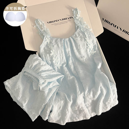 带胸垫睡衣女夏季新款蓝色花朵