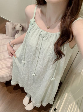 绿色星星吊带睡裙女云朵棉中长款