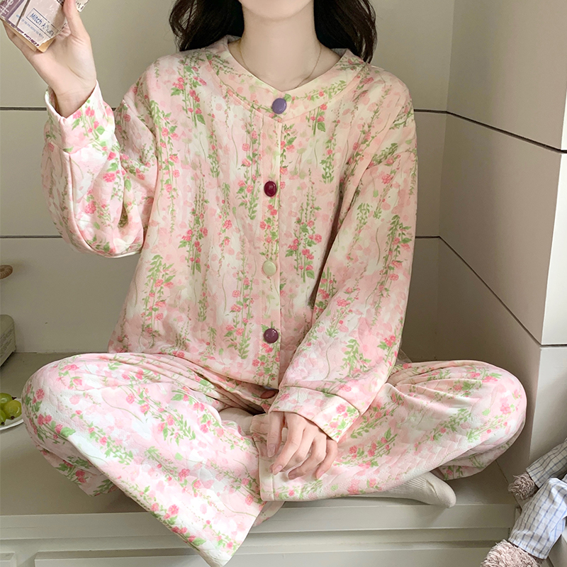 空气棉夹层睡衣女秋冬季碎花加厚