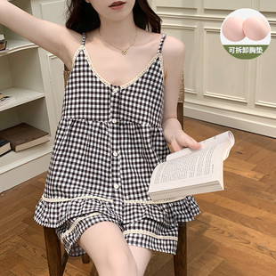 格子花边吊带睡衣女款夏季云朵棉2026新款性感带胸垫家居服两件套