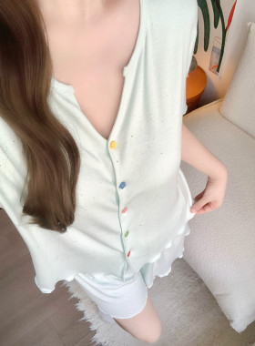 莫代尔波点睡衣女款带胸垫2026新款夏季高级感绿色短袖套装家居服