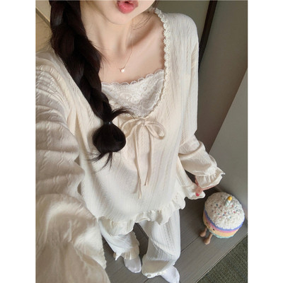 带胸垫睡衣女春秋杏色长袖套装