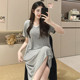 睡衣裙夏天家居服 短袖 莫代尔睡裙女夏季 韩系花边灰色带胸垫中长款