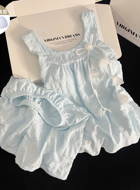 纯棉ins睡衣女夏季新款蓝色带胸垫吊带短裤公主风学生家居服套装