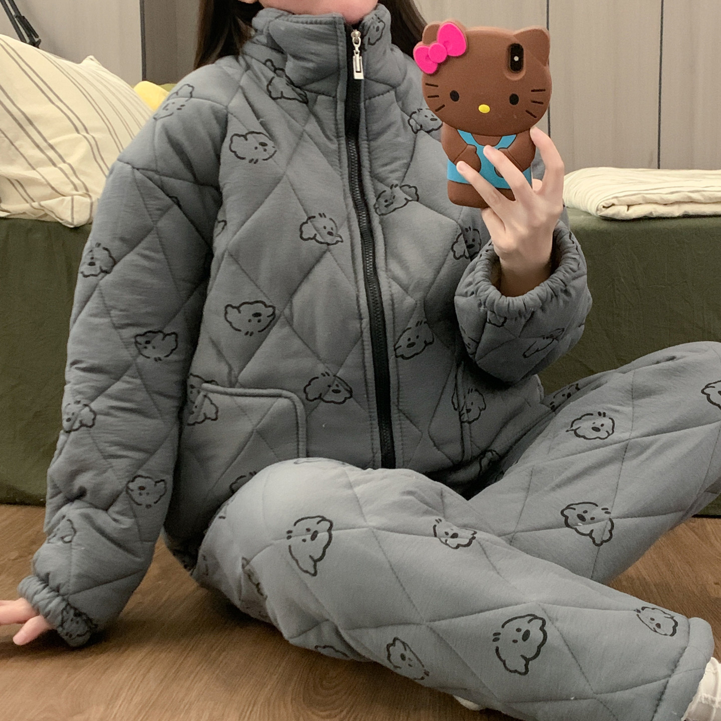 珊瑚绒睡衣三层夹棉加厚保暖小狗