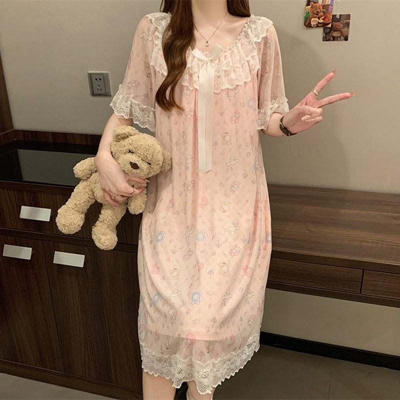 网纱睡裙女夏季短袖带胸垫公主风