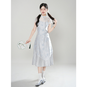 小清新蓝色蝴蝶改良国风新中式连衣裙套装夏季吊带罩裙两件套