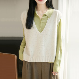 时尚新款V领羊毛针织马甲背心女士宽松无袖洋气百搭春季外穿毛衣