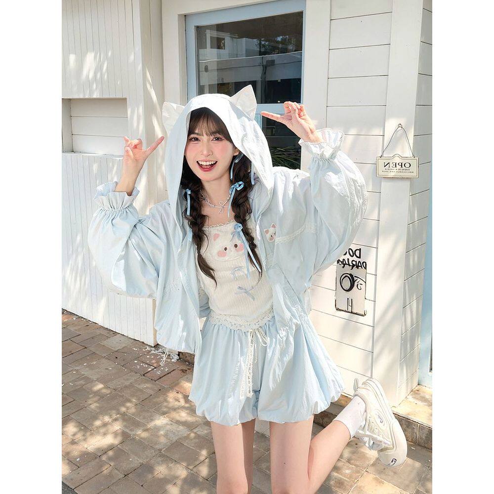 甜美猫咪开衫吊带三件套女