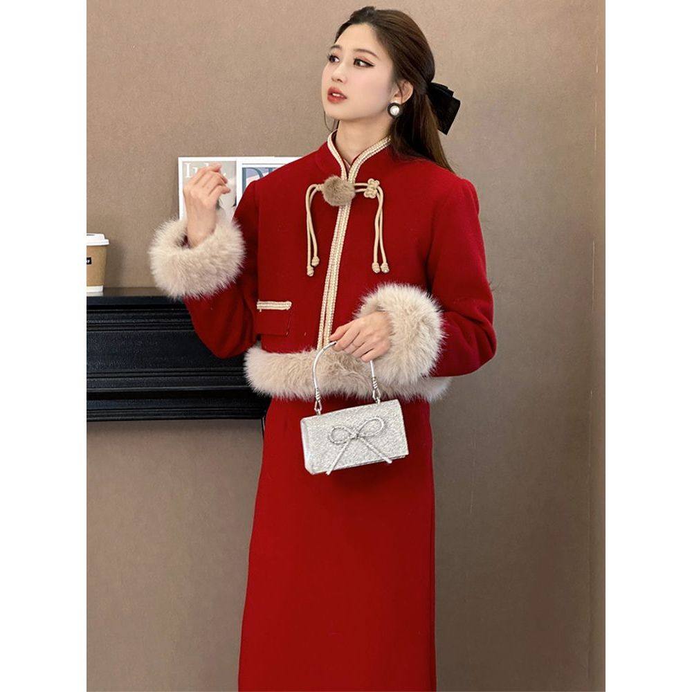 新中式国风女装2025新款秋冬装搭配一整套红色圣诞小香风套装