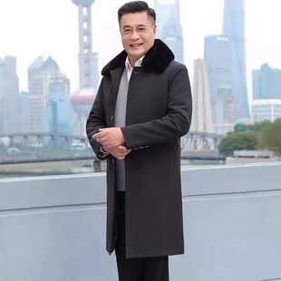 中年男士长款布风衣毛领棉衣外套加厚保暖商务休闲爸爸装冬季大衣