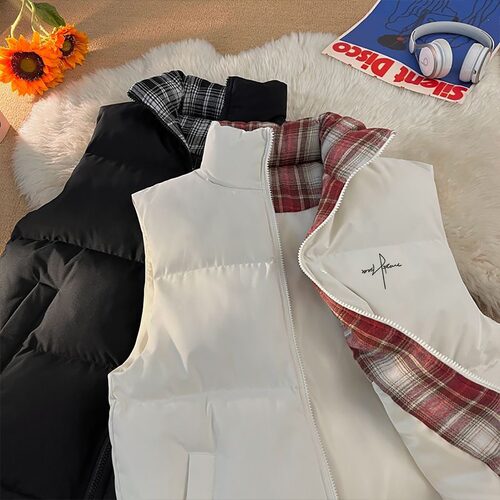 高端格子拼接立领棉服马甲秋冬