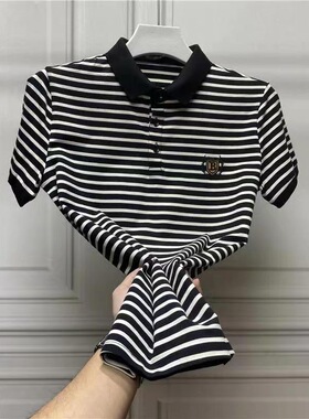 品质捡漏~夏季冰丝短袖t恤男士绣花条纹翻领POLO衫修身T恤男1/2件