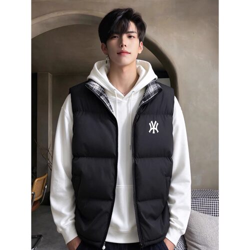 冬季复古格子拼接立领棉服马甲男
