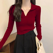 酒红色polo领针织衫 高级感内搭上衣 显瘦打底衫 女2025秋冬新款 修身