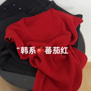 2026夏季新款洋气U领短袖针织衫女红色宽松显瘦气质减龄红色上衣