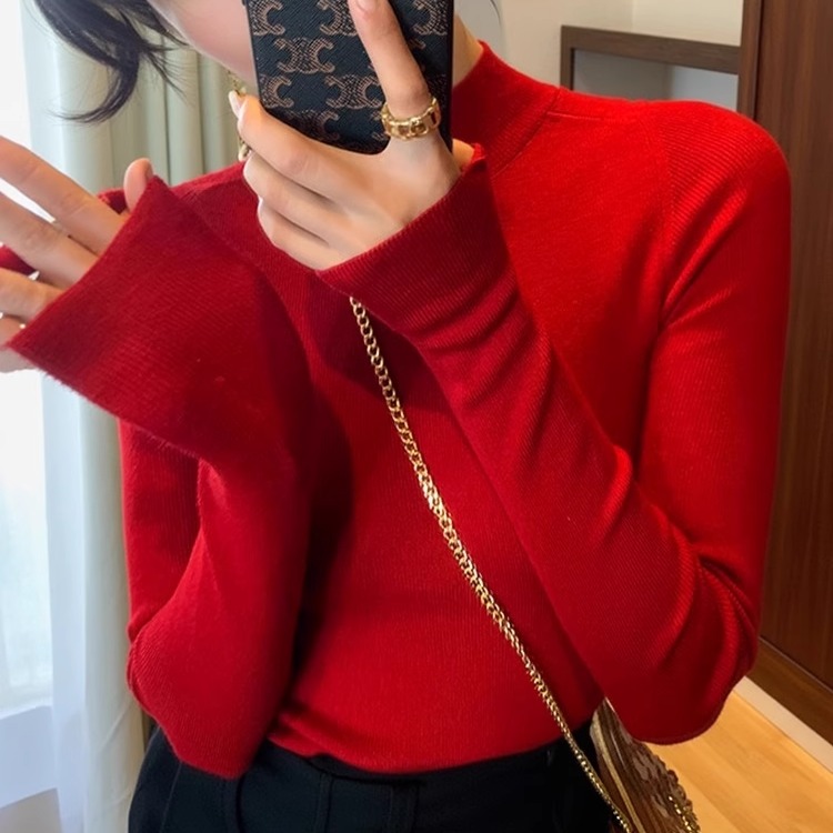 红色半高领打底衫女2025秋冬本命年针织上衣羊毛内搭紧身洋气毛衣