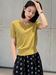 T恤女港风V领上衣洋气 2025时尚 洋气轻熟风气质针织衫 夏季 冰丝短袖