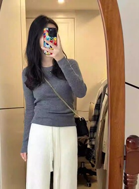 简约套头针织打底衫女基础款圆领内搭上衣春秋冬修身软糯灰色毛衣