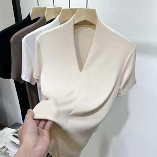 天丝针织短袖 薄款 T恤女V领修身 气质通勤上衣 夏季 2024新款 洋气半袖
