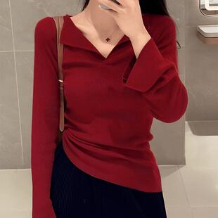 法式安哥拉红羊毛衫女秋冬内搭修身气质显瘦设计感V领针织打底衫