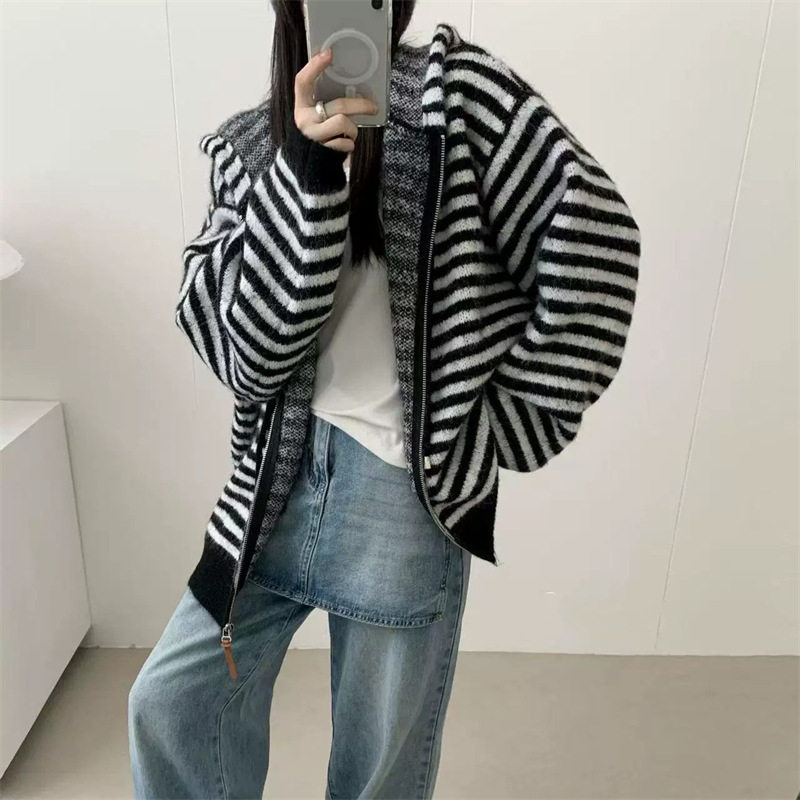 格子毛衣外套秋冬时尚加厚抽绳连毛衣