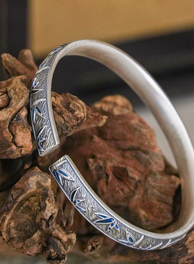 足银999竹节珐琅手镯女开口实心