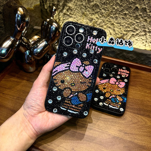 黑皮Hellokitty16promax奢华水钻手机壳苹果17pro软壳14全包17Air