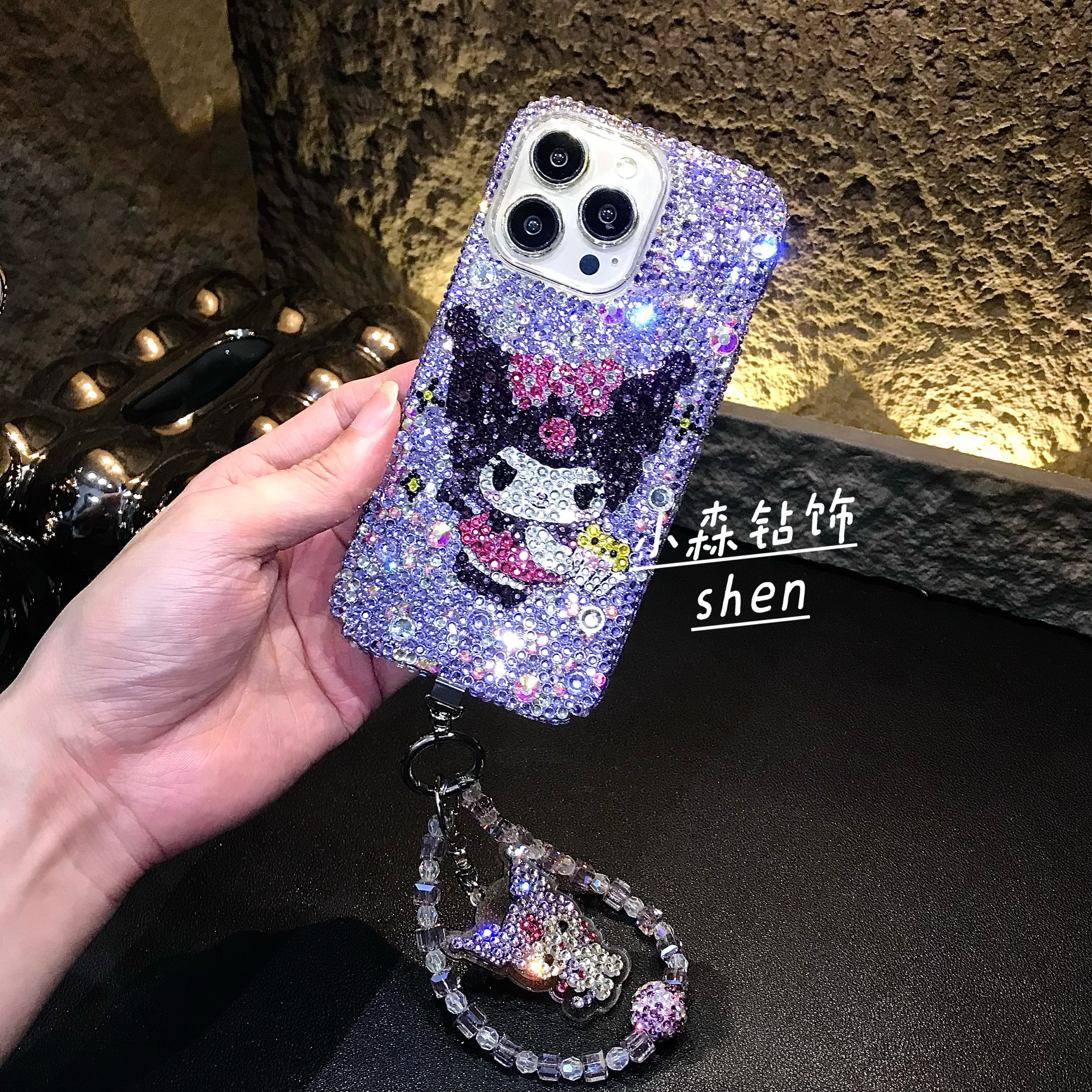 适用苹果17promax 库洛米水钻16pro 全包14手机壳满钻15pro链条子