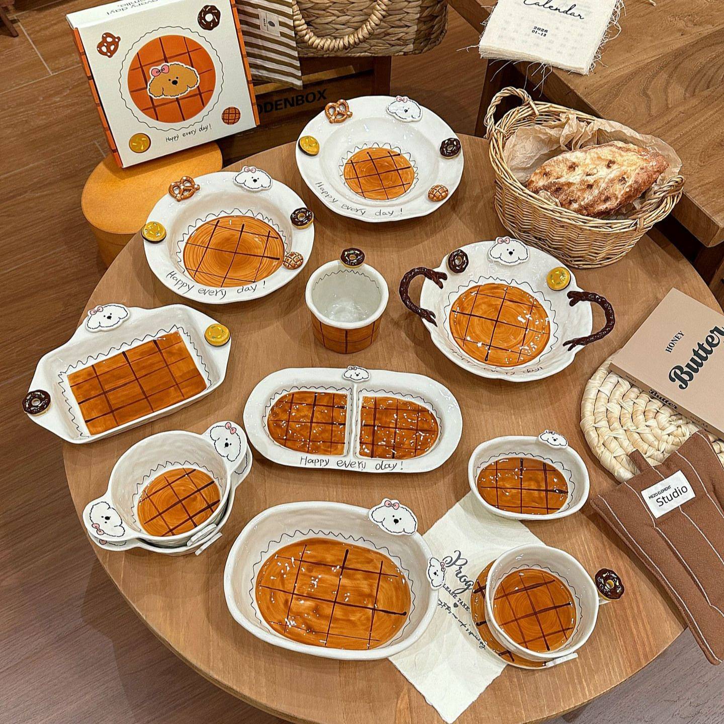 高颜值漂亮陶瓷碗焦糖小狗ins家用陶瓷酸奶碗水果沙拉双耳碗盘子