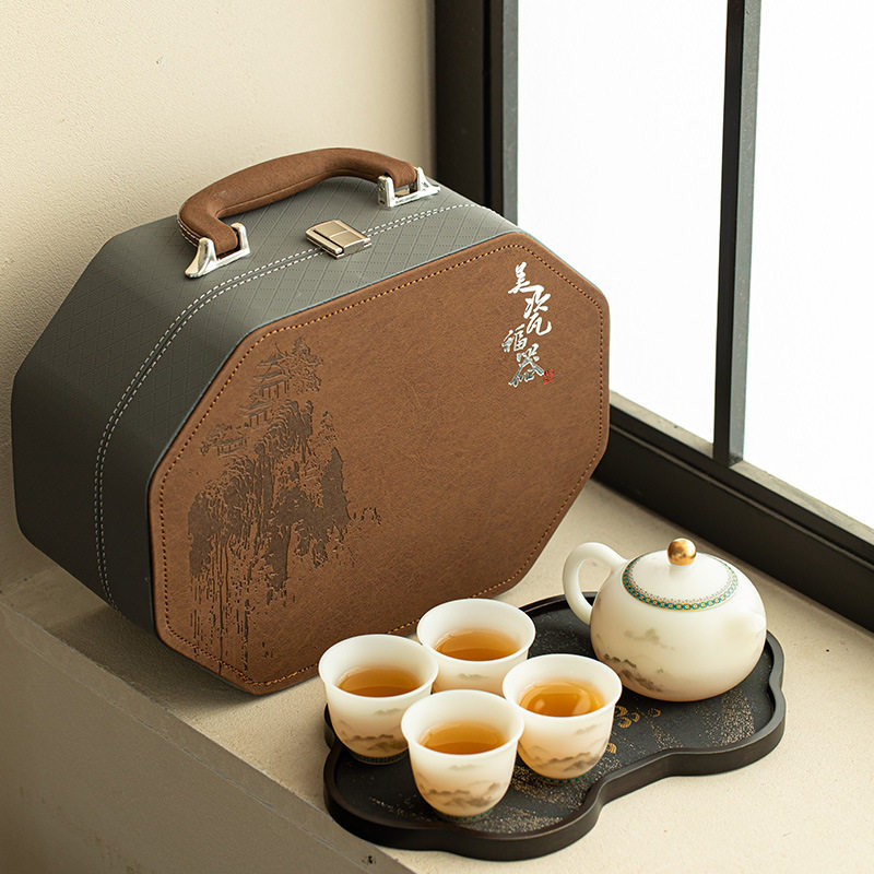 中式素烧冰种远山观雾旅行便携小套组高档防烫陶瓷功夫茶具礼盒装