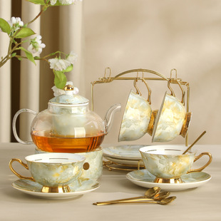 轻奢高级感玻璃泡茶壶蜡烛加热煮茶下午茶茶具套装骨瓷花茶红茶杯