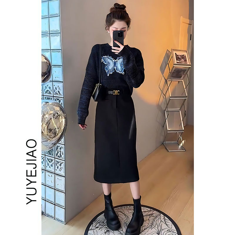 秋冬装搭配一整套时尚慵懒风减龄洋气针织毛衣半身裙套装女两件套