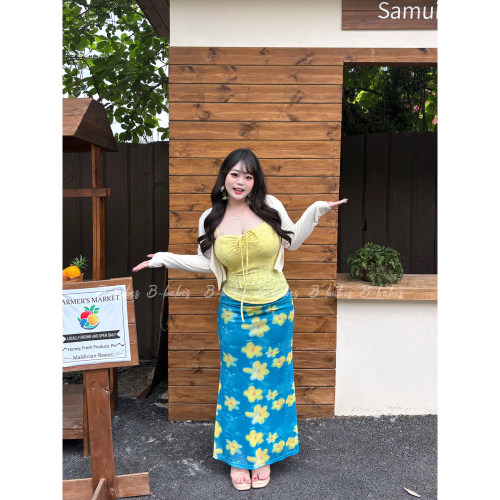 Babes【海盐柠檬】大码胖mm海边度假吊带印花显瘦包臀半身裙套装