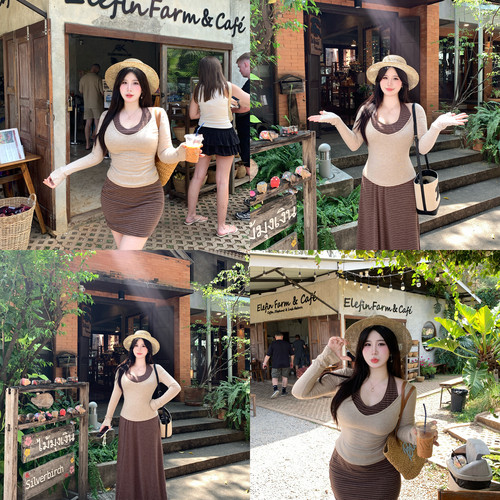Babes【春日暖阳】大码辣妹性感显瘦绑带修身显瘦条纹拼接套装女