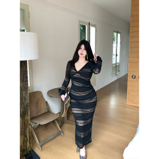 黑色蕾丝拼接纯欲显瘦收腰修身 大码 包臀长裙女 纯欲交织 Babes