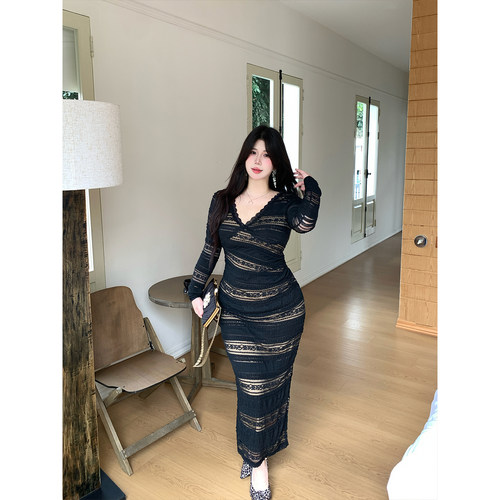 Babes【纯欲交织】大码黑色蕾丝拼接纯欲显瘦收腰修身包臀长裙女