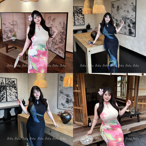 Babes【桃枝映月】大码胖mm新中式旗袍女印花立领收腰包臀连衣裙