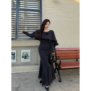 气质多穿斗篷式 Babes 设计感法式 大码 步步生莲长裙冬 灰色玫瑰