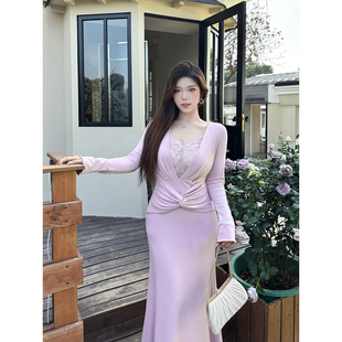 性感纯欲V领蕾丝拼接褶皱显瘦包臀鱼尾裙女 大码 Babes 春日来信