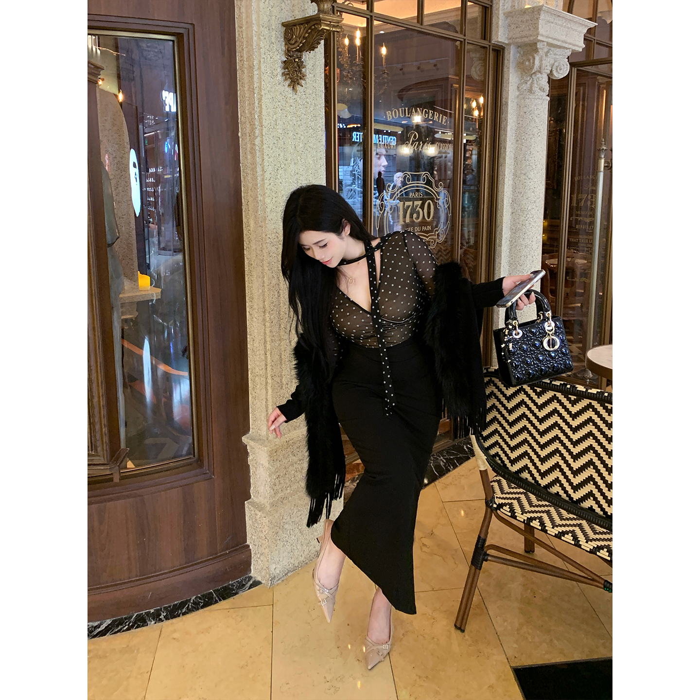 Babes【波点绮梦】法式波点V领带丝巾长袖修身包臀开衩连衣裙女