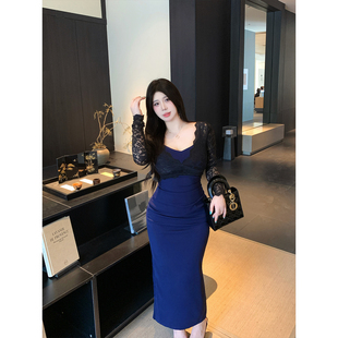 气质性感轻熟蕾丝拼接V领修身 大码 包臀长裙秋冬 深海绮梦 Babes