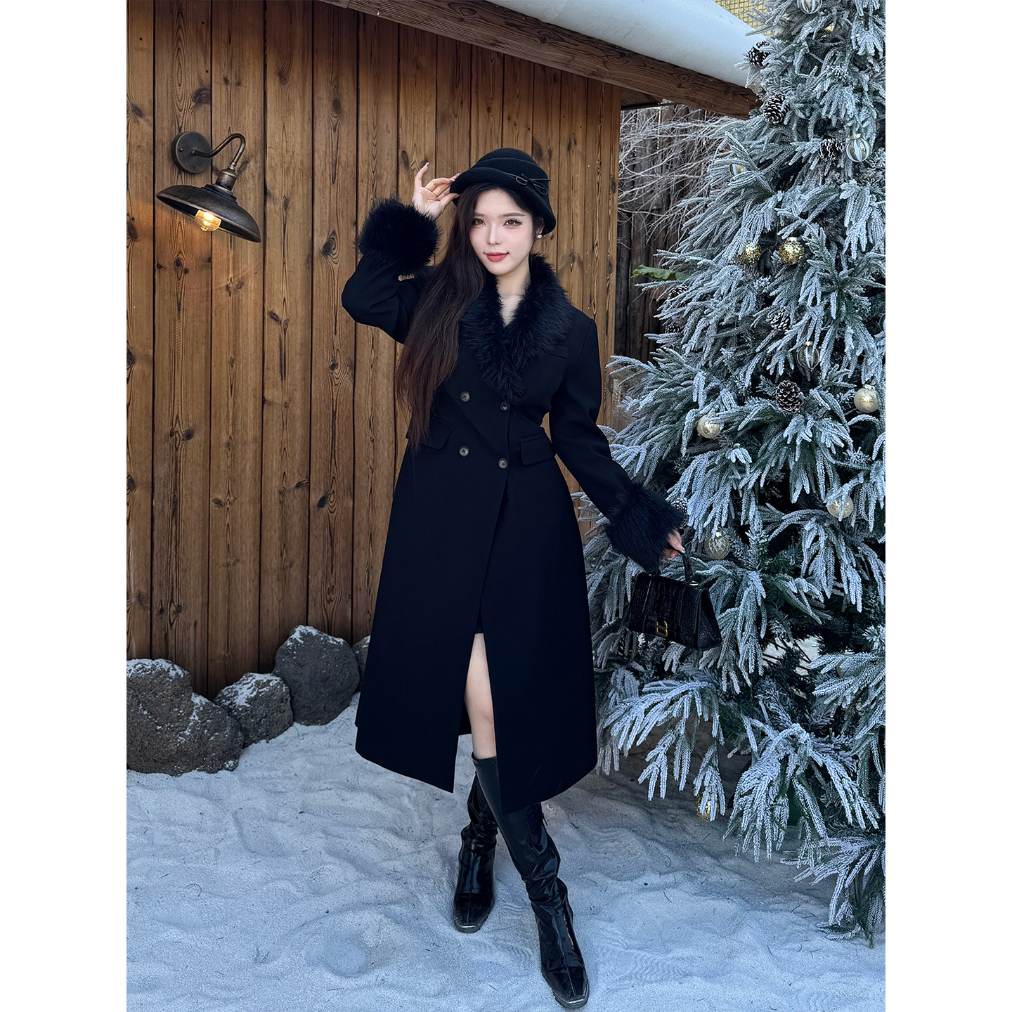 Bbabes【墨羽柔】大码黑色收腰双排扣可拆卸毛领中长款西装外套女