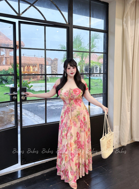 Babes【薄雾玫瑰】大码法式微胖mm碎花吊带显瘦网纱a字连衣长裙女